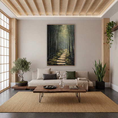 Dusky Dark Bamboo Corridor Japandi wall art in a calm Japandi-style room – narrow stone path through tall dark bamboo