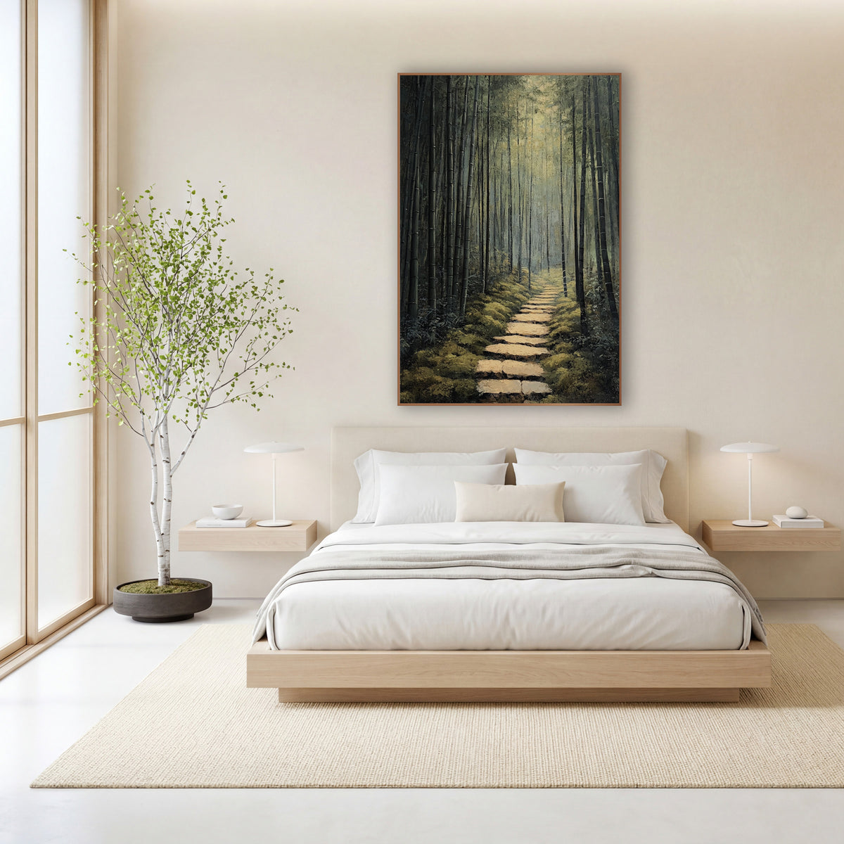 Dusky Dark Bamboo Corridor Japandi wall art in a calm Japandi-style room – narrow stone path through tall dark bamboo