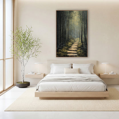 Dusky Dark Bamboo Corridor Japandi wall art in a calm Japandi-style room – narrow stone path through tall dark bamboo