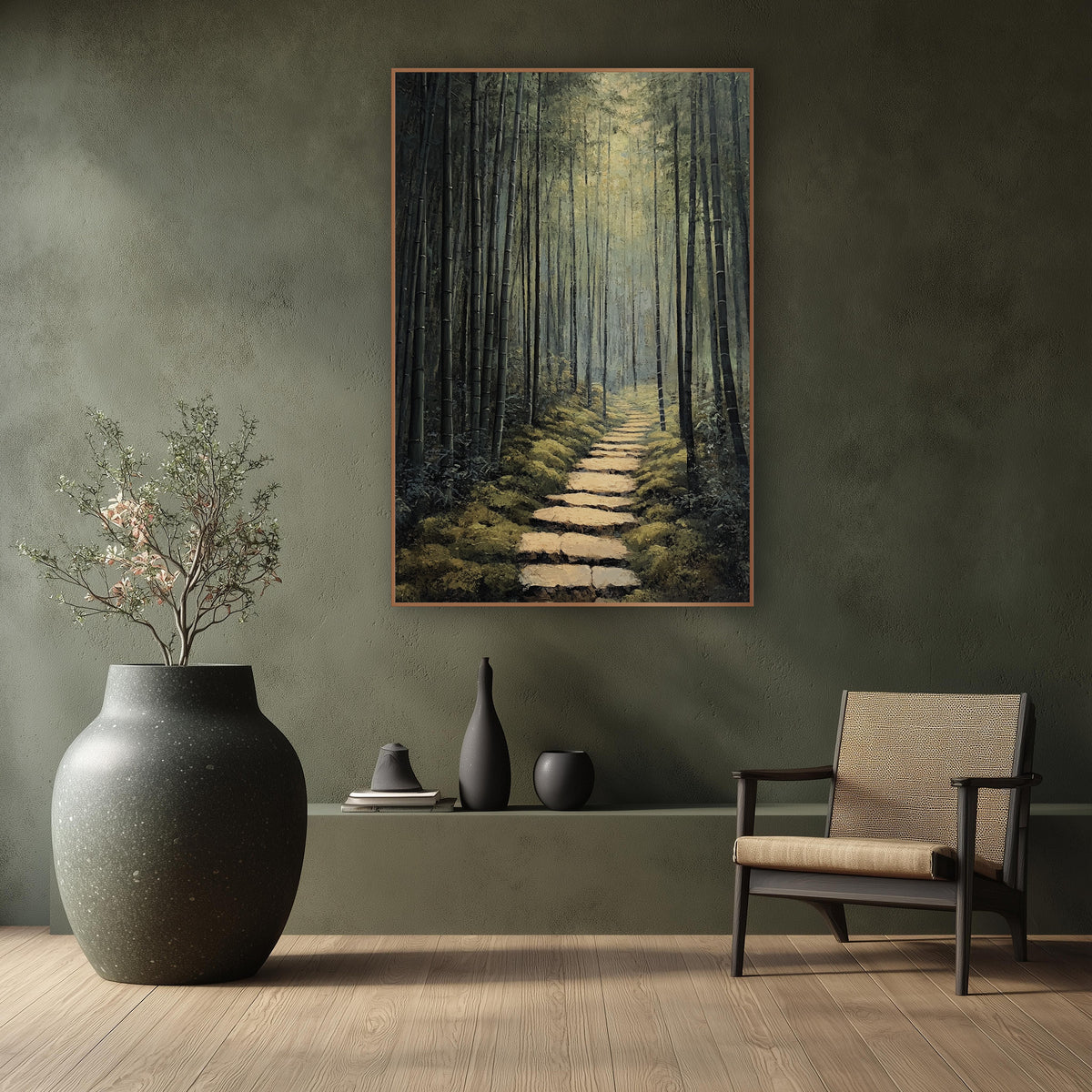 Dusky Dark Bamboo Corridor Japandi wall art in a calm Japandi-style room – narrow stone path through tall dark bamboo