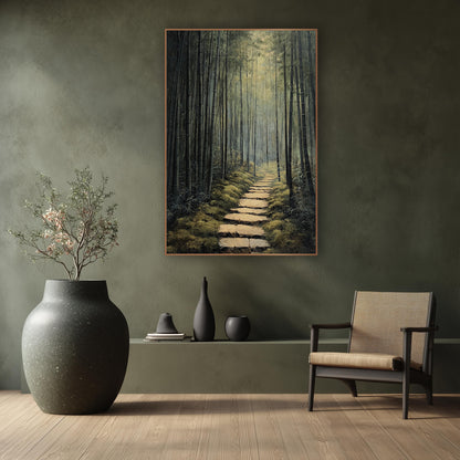 Dusky Dark Bamboo Corridor Japandi wall art in a calm Japandi-style room – narrow stone path through tall dark bamboo