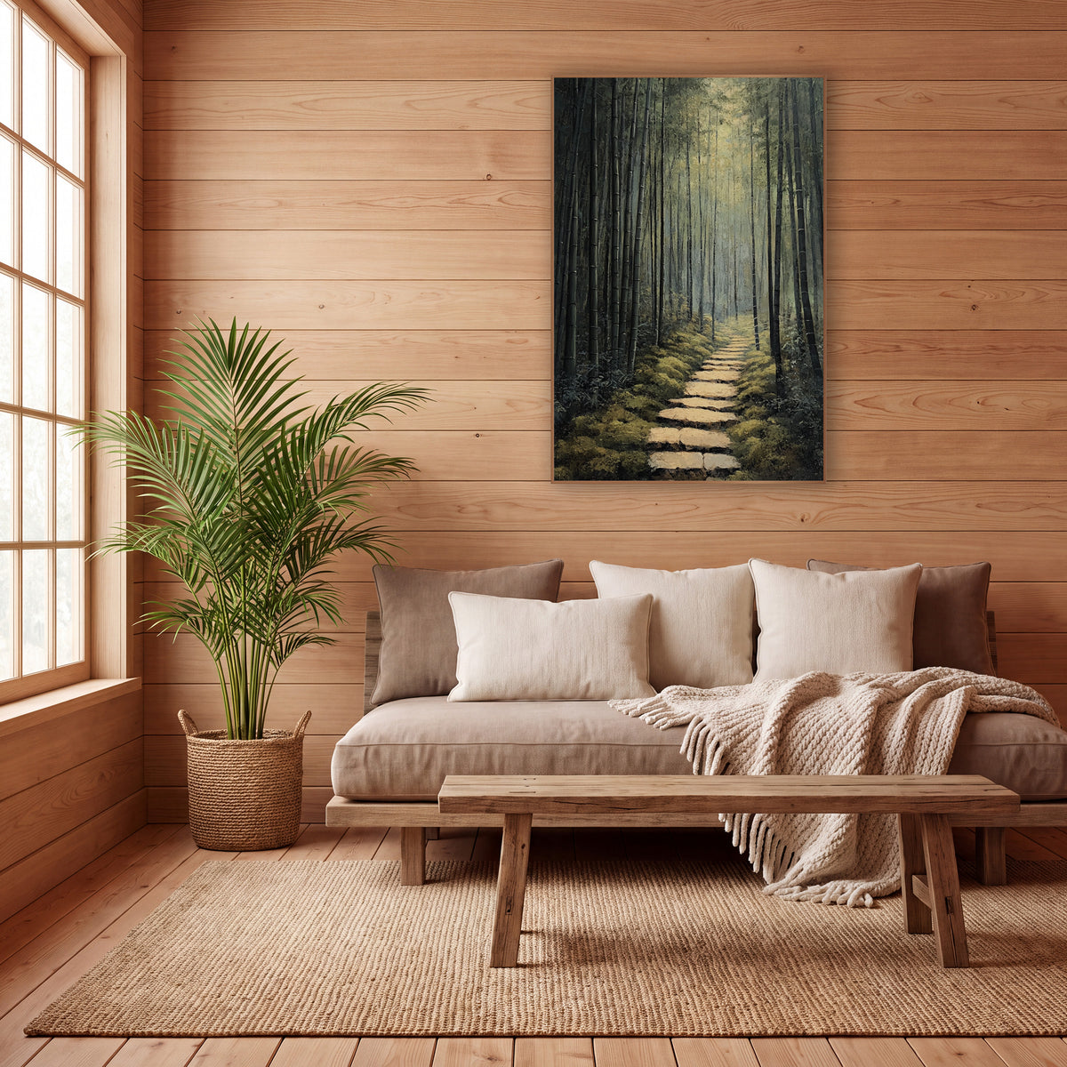 Dusky Dark Bamboo Corridor Japandi wall art in a calm Japandi-style room – narrow stone path through tall dark bamboo