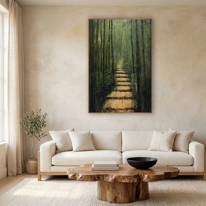 Bamboo Grove Stone Path Japandi wall art in a calm Japandi-style room – tall green bamboo stalks line a narrow stone