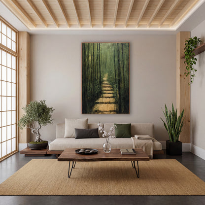 Bamboo Grove Stone Path Japandi wall art in a calm Japandi-style room – tall green bamboo stalks line a narrow stone