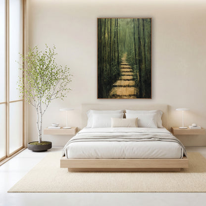 Bamboo Grove Stone Path Japandi wall art in a calm Japandi-style room – tall green bamboo stalks line a narrow stone