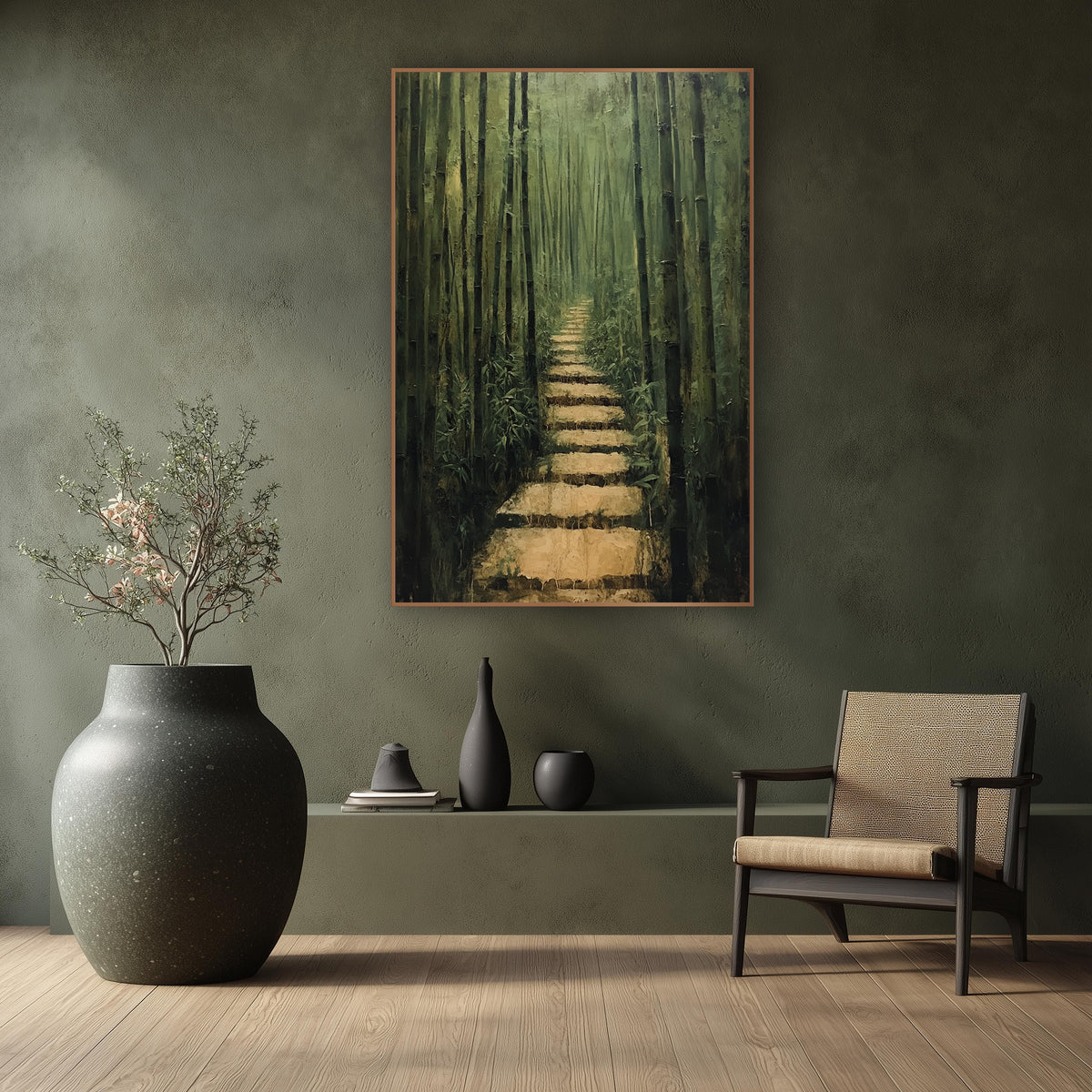 Bamboo Grove Stone Path Japandi wall art in a calm Japandi-style room – tall green bamboo stalks line a narrow stone