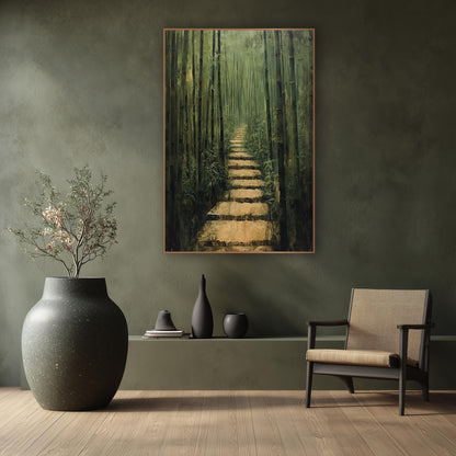 Bamboo Grove Stone Path Japandi wall art in a calm Japandi-style room – tall green bamboo stalks line a narrow stone