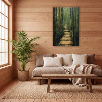 Bamboo Grove Stone Path Japandi wall art in a calm Japandi-style room – tall green bamboo stalks line a narrow stone