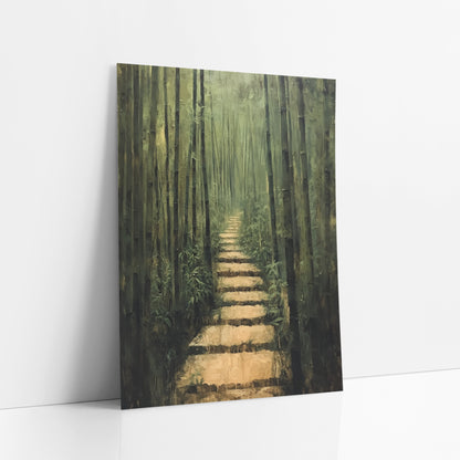 Bamboo Grove Stone Path Japandi art print leaning against a white wall – tall green bamboo stalks line a narrow stone path