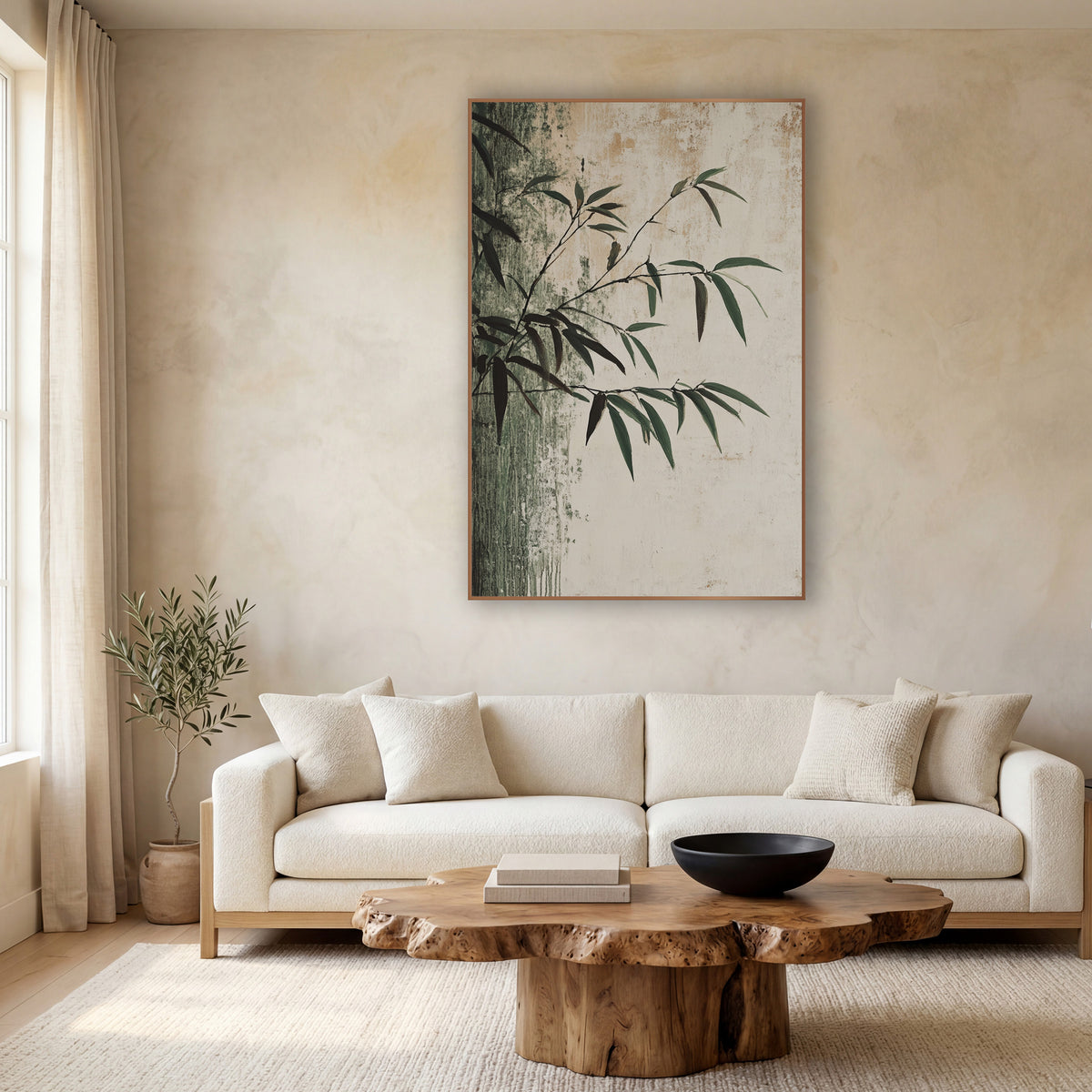 Dark Green Bamboo Branch Japandi wall art in a calm Japandi-style room – bamboo branches with narrow green and dark