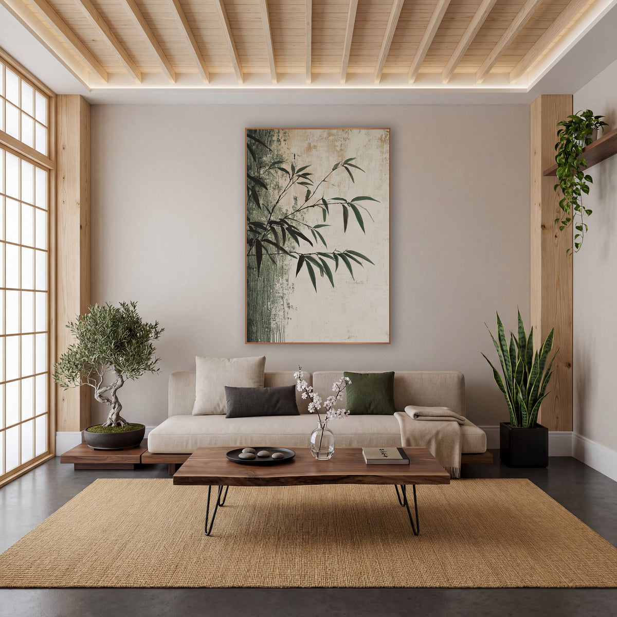 Dark Green Bamboo Branch Japandi wall art in a calm Japandi-style room – bamboo branches with narrow green and dark