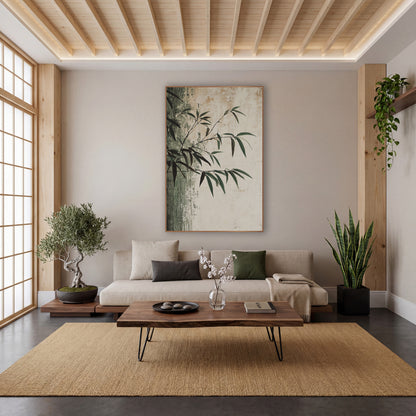 Dark Green Bamboo Branch Japandi wall art in a calm Japandi-style room – bamboo branches with narrow green and dark
