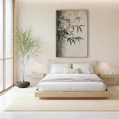 Dark Green Bamboo Branch Japandi wall art in a calm Japandi-style room – bamboo branches with narrow green and dark