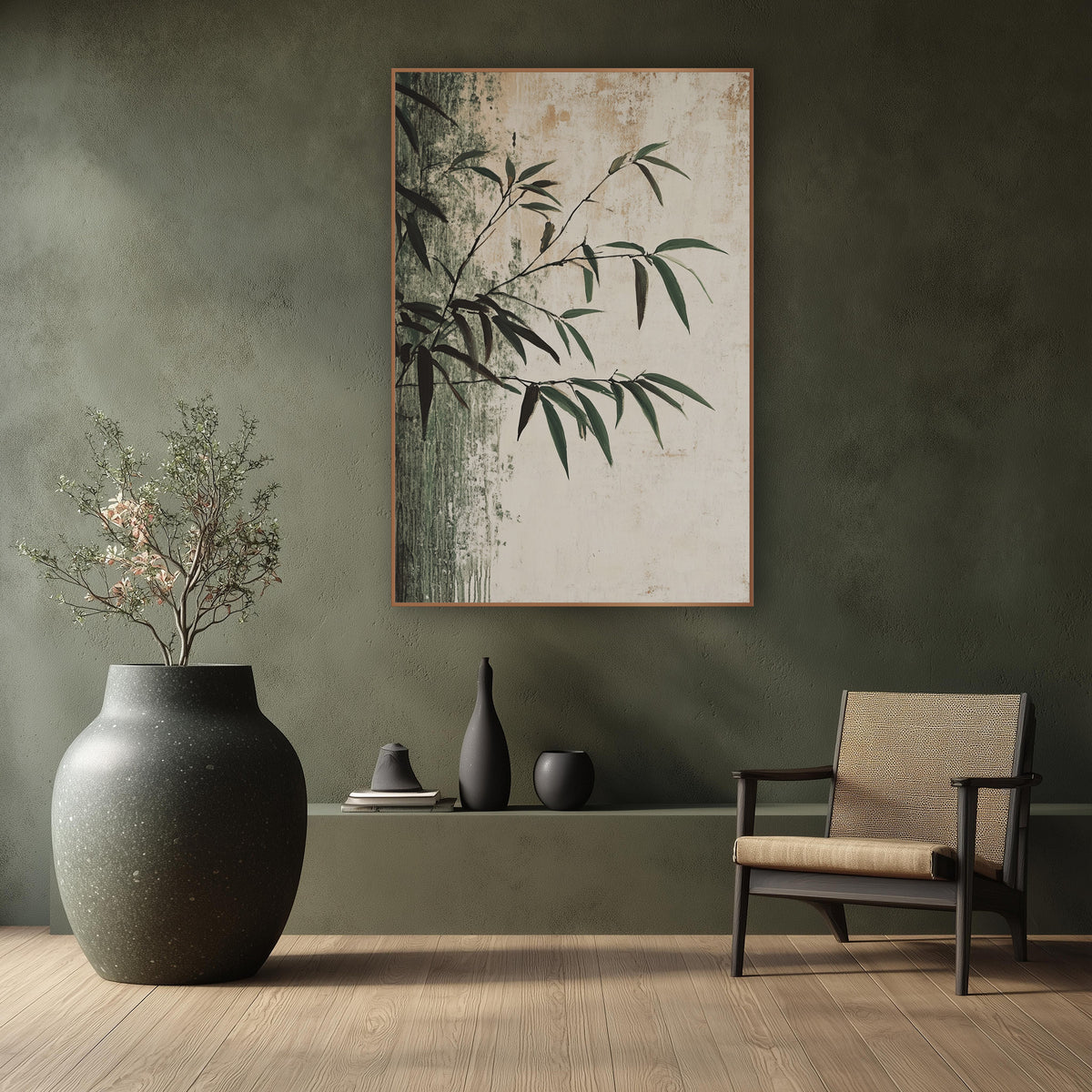 Dark Green Bamboo Branch Japandi wall art in a calm Japandi-style room – bamboo branches with narrow green and dark