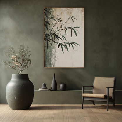 Dark Green Bamboo Branch Japandi wall art in a calm Japandi-style room – bamboo branches with narrow green and dark