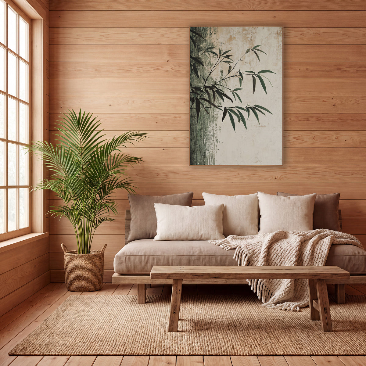 Dark Green Bamboo Branch Japandi wall art in a calm Japandi-style room – bamboo branches with narrow green and dark