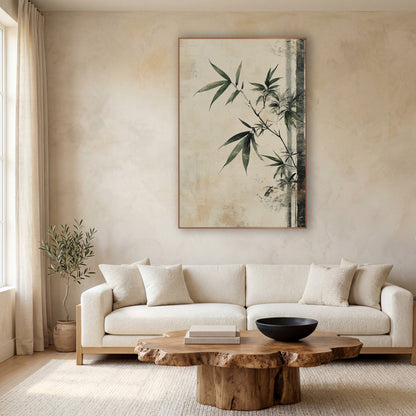 Sage Bamboo Branch Japandi wall art in a calm Japandi-style room – bamboo branch with sage green leaves on a worn