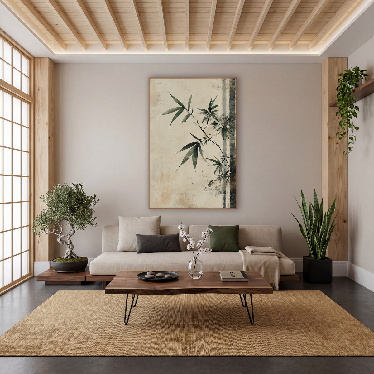 Sage Bamboo Branch Japandi wall art in a calm Japandi-style room – bamboo branch with sage green leaves on a worn