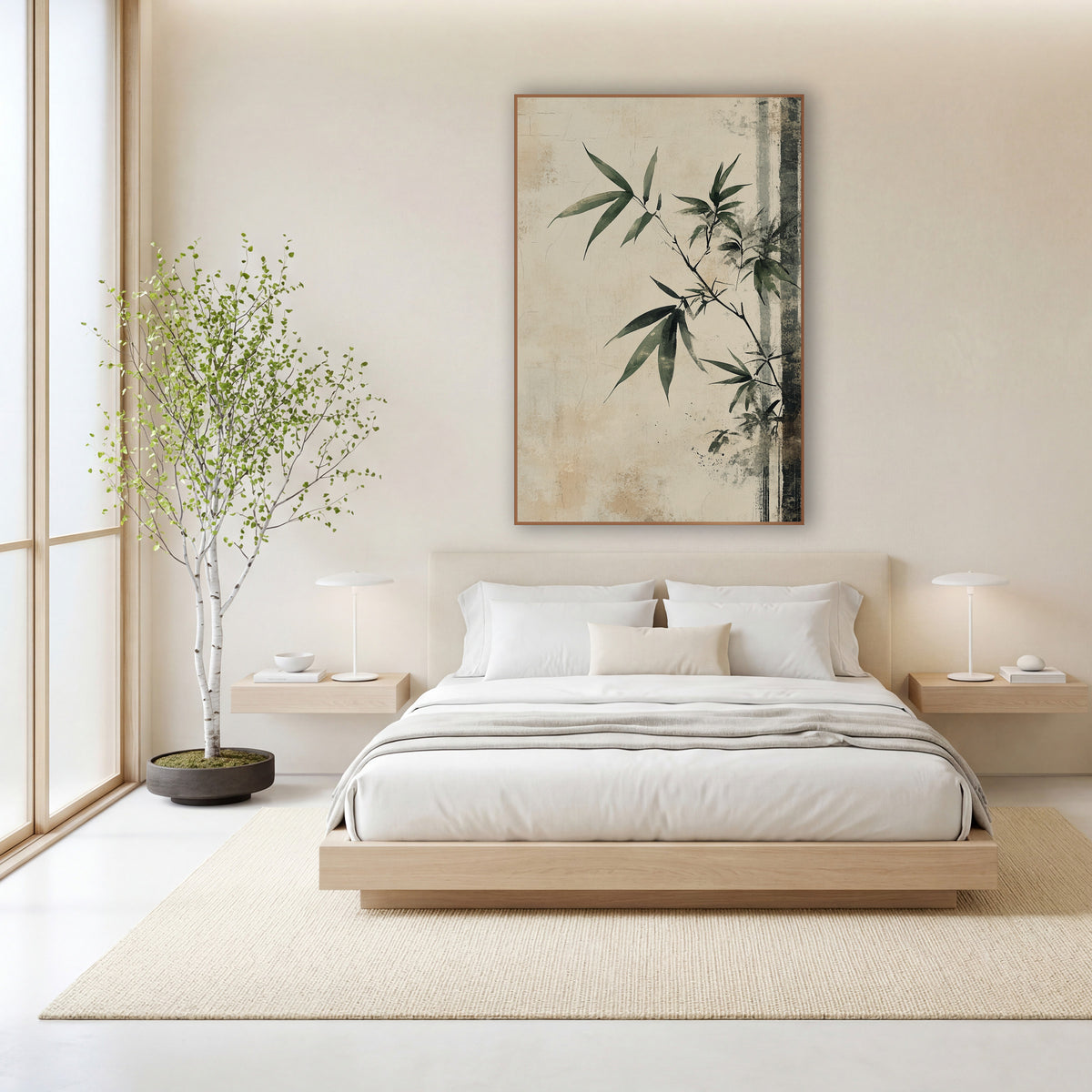 Sage Bamboo Branch Japandi wall art in a calm Japandi-style room – bamboo branch with sage green leaves on a worn