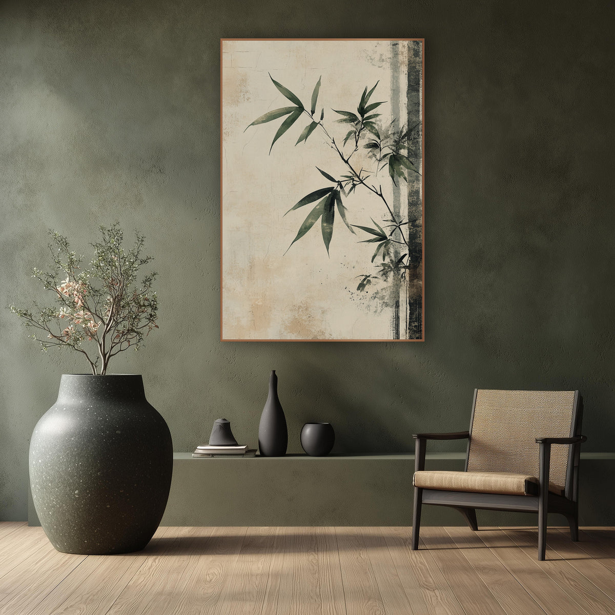 Sage Bamboo Branch Japandi wall art in a calm Japandi-style room – bamboo branch with sage green leaves on a worn