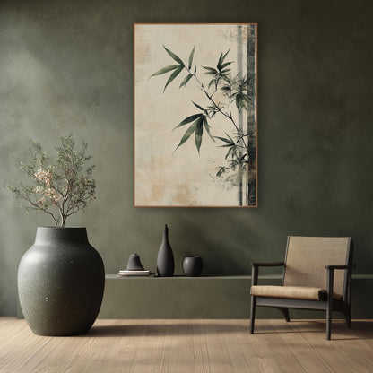 Sage Bamboo Branch Japandi wall art in a calm Japandi-style room – bamboo branch with sage green leaves on a worn