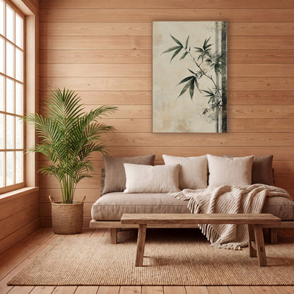 Sage Bamboo Branch Japandi wall art in a calm Japandi-style room – bamboo branch with sage green leaves on a worn