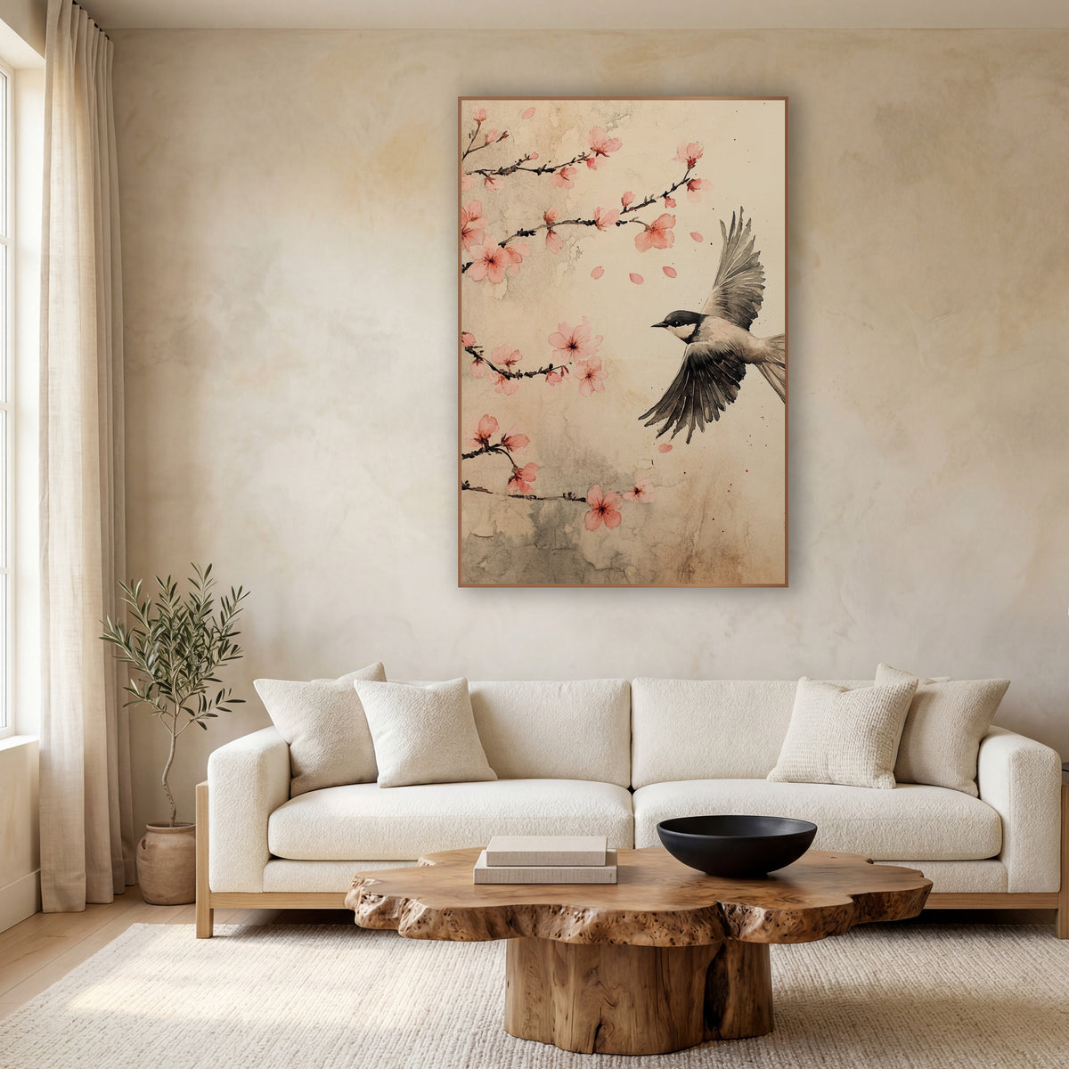 Flying Bird Cherry Blossom Japandi wall art in a calm Japandi-style room – small gray and black bird in flight