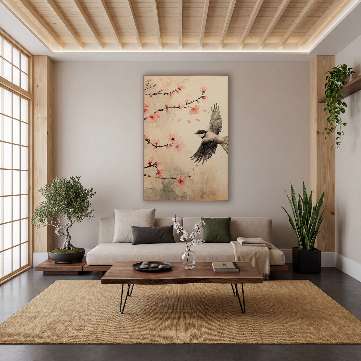 Flying Bird Cherry Blossom Japandi wall art in a calm Japandi-style room – small gray and black bird in flight