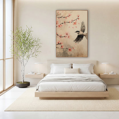 Flying Bird Cherry Blossom Japandi wall art in a calm Japandi-style room – small gray and black bird in flight