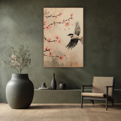 Flying Bird Cherry Blossom Japandi wall art in a calm Japandi-style room – small gray and black bird in flight