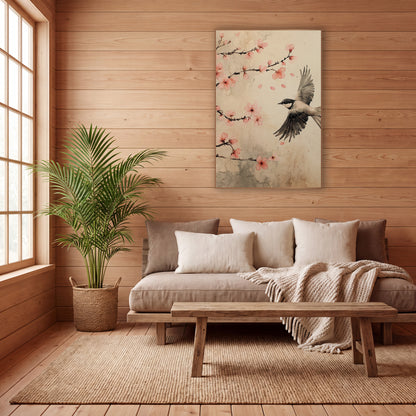 Flying Bird Cherry Blossom Japandi wall art in a calm Japandi-style room – small gray and black bird in flight