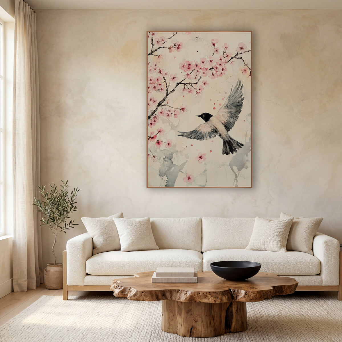 Cherry Blossom Bird Flight Japandi wall art in a calm Japandi-style room – black-headed bird in flight with spread