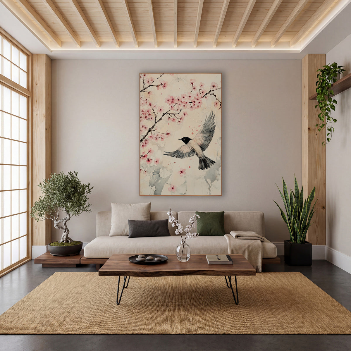 Cherry Blossom Bird Flight Japandi wall art in a calm Japandi-style room – black-headed bird in flight with spread