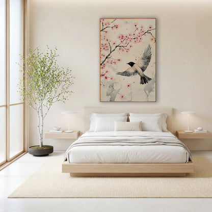 Cherry Blossom Bird Flight Japandi wall art in a calm Japandi-style room – black-headed bird in flight with spread