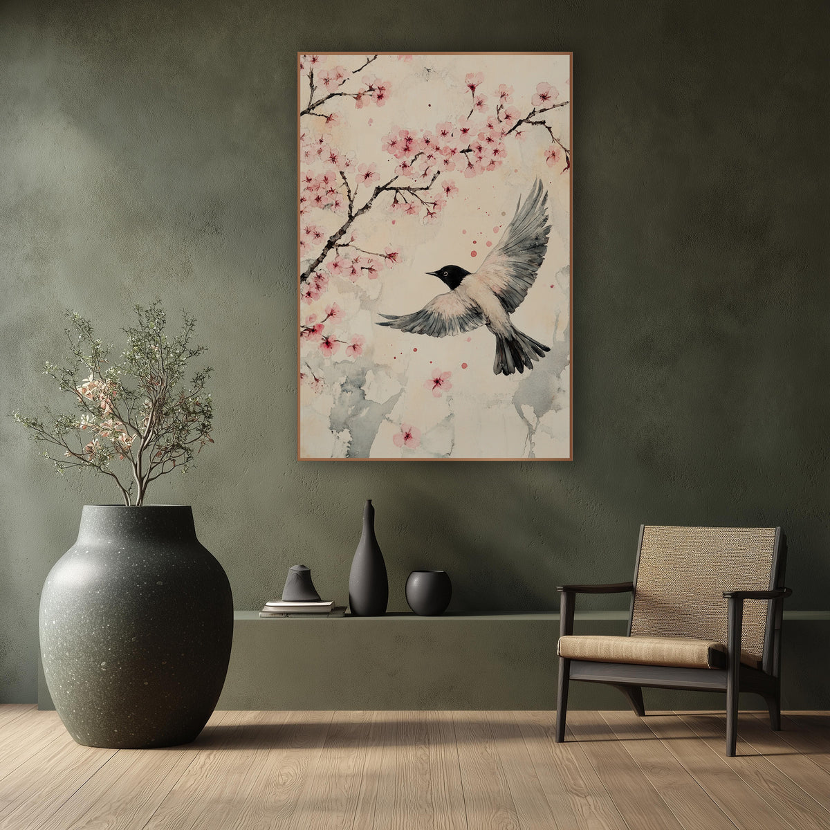Cherry Blossom Bird Flight Japandi wall art in a calm Japandi-style room – black-headed bird in flight with spread
