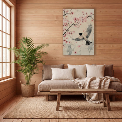 Cherry Blossom Bird Flight Japandi wall art in a calm Japandi-style room – black-headed bird in flight with spread