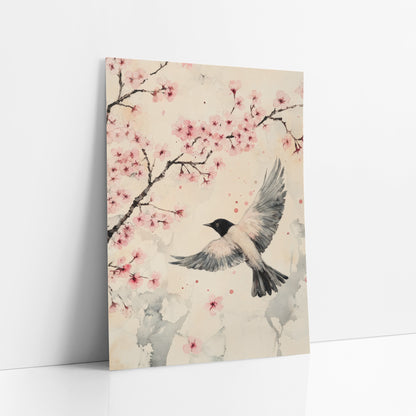 Cherry Blossom Bird Flight Japandi art print leaning against a white wall – black-headed bird in flight with spread gray