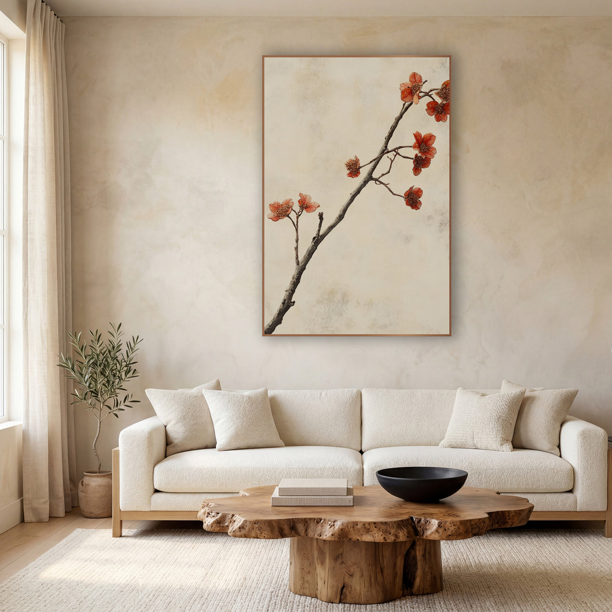 Rust Red Blossom Branch Japandi wall art in a calm Japandi-style room – slender branch with small rust-red blossoms
