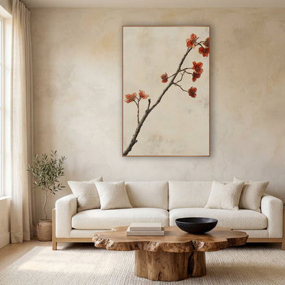 Rust Red Blossom Branch Japandi wall art in a calm Japandi-style room – slender branch with small rust-red blossoms