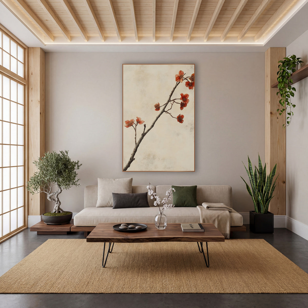 Rust Red Blossom Branch Japandi wall art in a calm Japandi-style room – slender branch with small rust-red blossoms