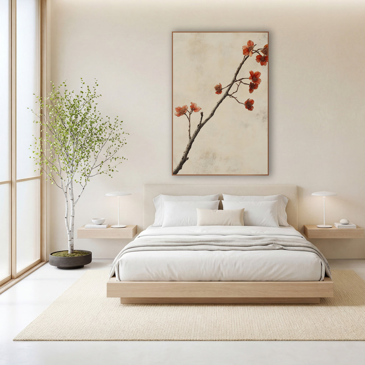 Rust Red Blossom Branch Japandi wall art in a calm Japandi-style room – slender branch with small rust-red blossoms