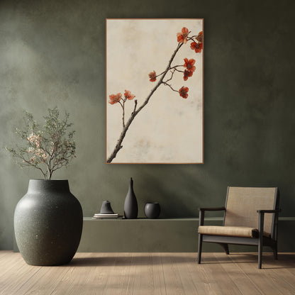 Rust Red Blossom Branch Japandi wall art in a calm Japandi-style room – slender branch with small rust-red blossoms