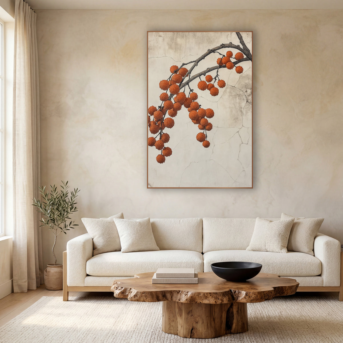 Orange Berry Branch Japandi Botanical wall art in a calm Japandi-style room – dark branch with hanging clusters