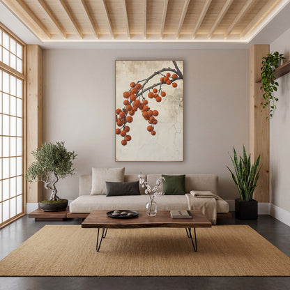 Orange Berry Branch Japandi Botanical wall art in a calm Japandi-style room – dark branch with hanging clusters