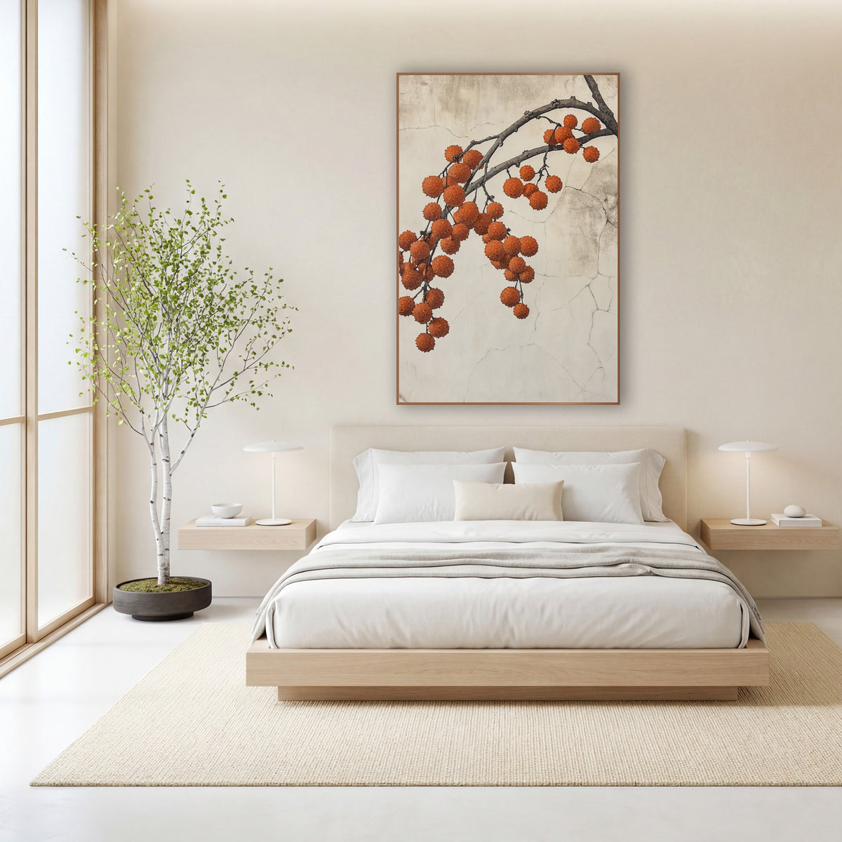 Orange Berry Branch Japandi Botanical wall art in a calm Japandi-style room – dark branch with hanging clusters
