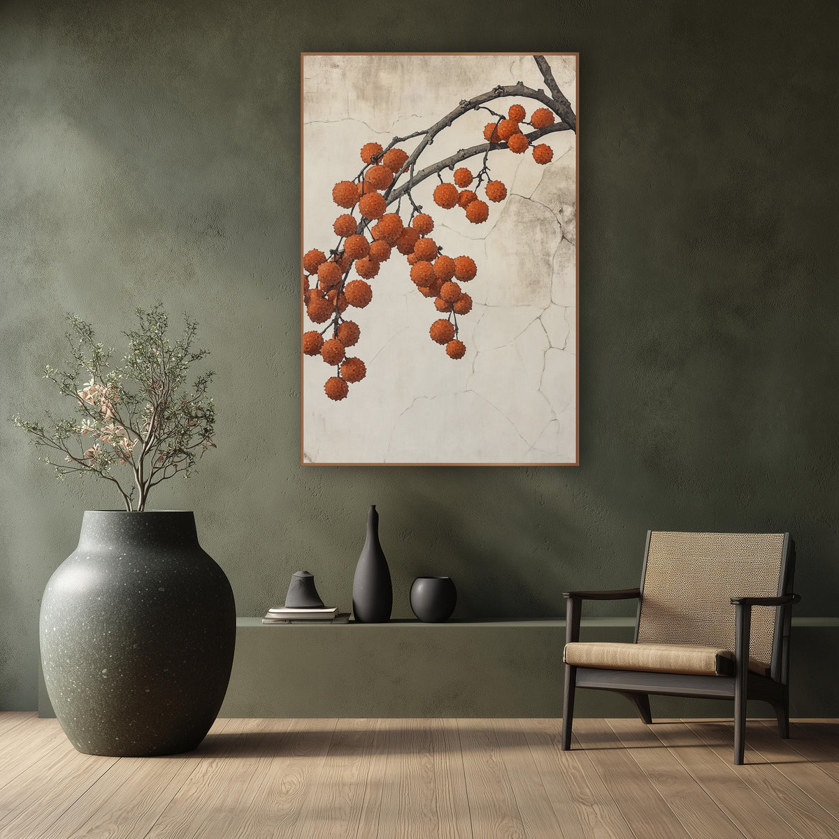 Orange Berry Branch Japandi Botanical wall art in a calm Japandi-style room – dark branch with hanging clusters