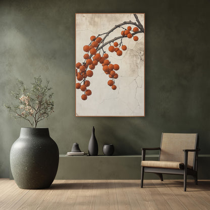 Orange Berry Branch Japandi Botanical wall art in a calm Japandi-style room – dark branch with hanging clusters