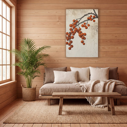 Orange Berry Branch Japandi Botanical wall art in a calm Japandi-style room – dark branch with hanging clusters
