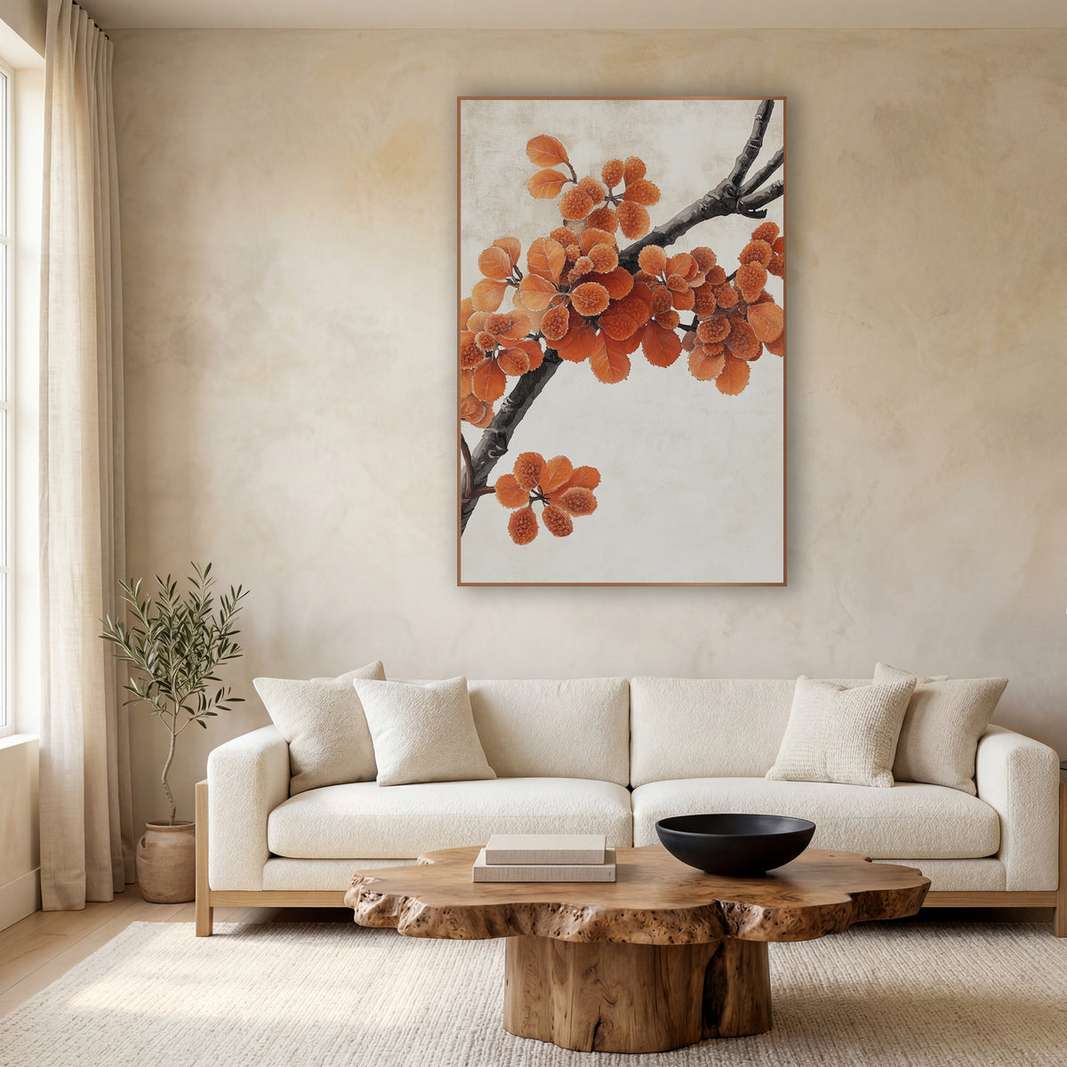 Orange Autumn Branch Japandi Botanical wall art in a calm Japandi-style room – dark branch with orange leaves