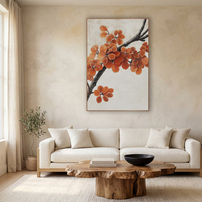 Orange Autumn Branch Japandi Botanical wall art in a calm Japandi-style room – dark branch with orange leaves